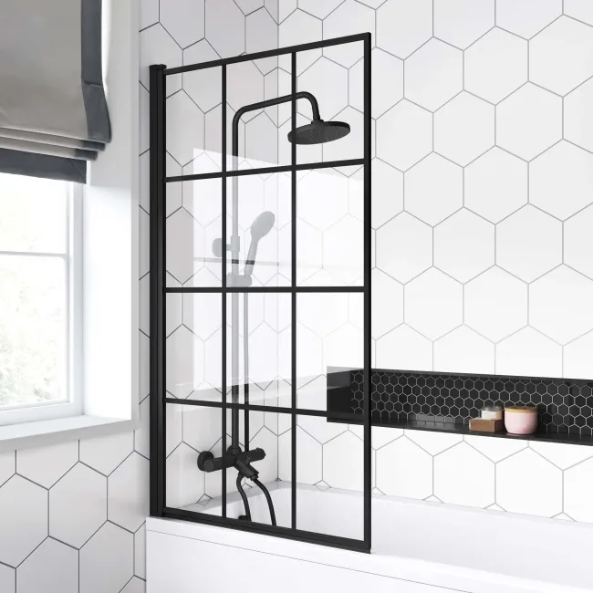 Stafford Round Shower Bath 1600x700 & 6mm Easy Clean Matt Black Grid Bath Screen