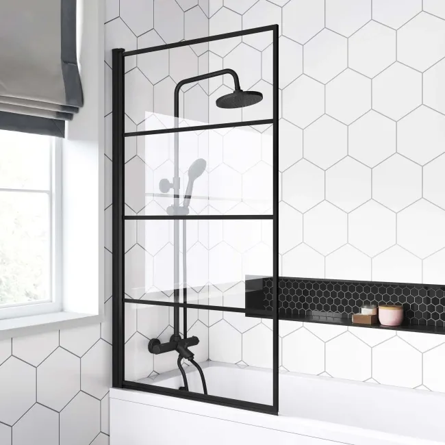 Stafford 1500x700 Round Shower Bath & 6mm Easy Clean Matt Black Grid Bath Screen