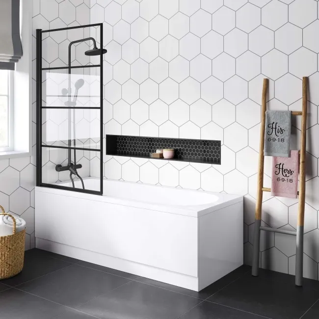 Stafford 1700x700 Round Shower Bath & 6mm Easy Clean Matt Black Grid Bath Screen
