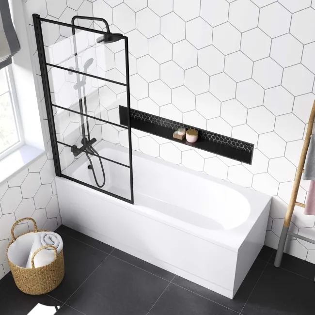 Stafford 1700x700 Round Shower Bath & 6mm Easy Clean Matt Black Grid Bath Screen