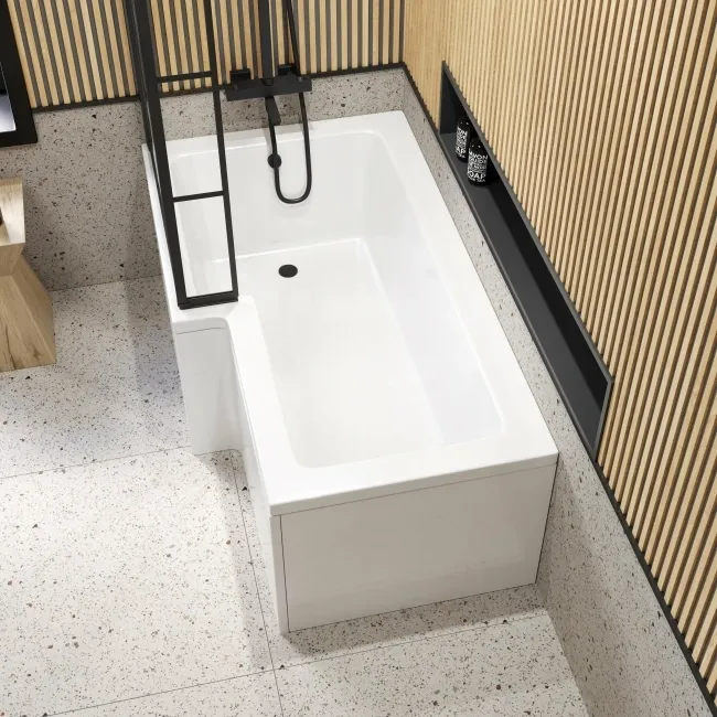 L Shaped 1500 Shower Bath & 6mm Easy Clean Matt Black Grid Bath Screen - Left Handed