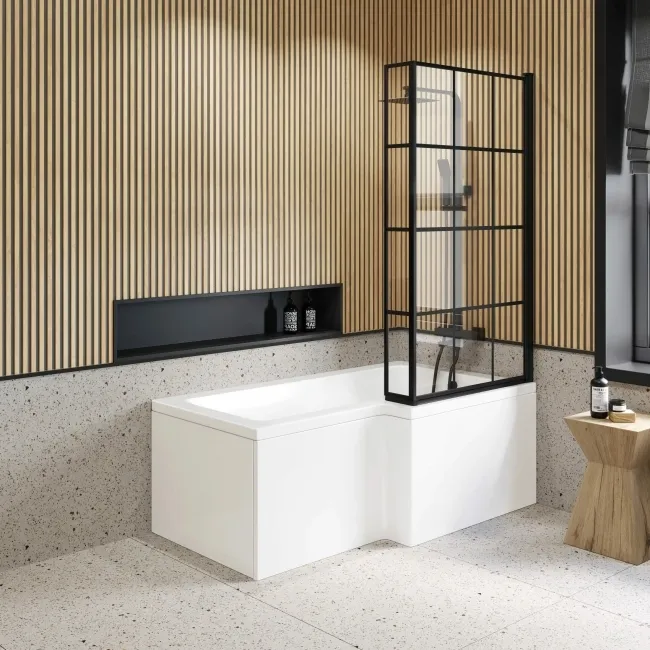 L Shaped 1600 Shower Bath & 6mm Easy Clean Matt Black Grid Bath Screen - Right Handed