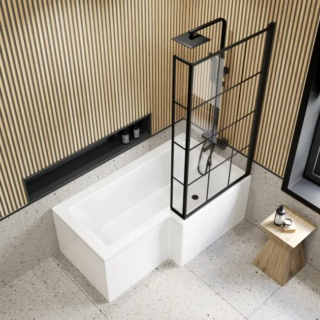 L Shaped 1600 Shower Bath & 6mm Easy Clean Matt Black Grid Bath Screen - Right Handed
