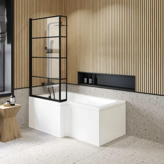 L Shaped 1600 Shower Bath & 6mm Easy Clean Matt Black Grid Bath Screen - Left Handed