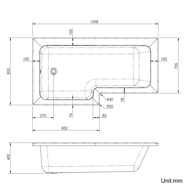L Shaped 1600 Shower Bath & 6mm Easy Clean Matt Black Grid Bath Screen - Left Handed