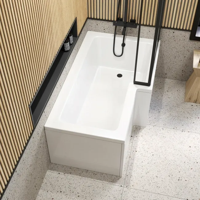 L Shaped 1600 Shower Bath with Front Panel & 6mm Easy Clean Matt Black Framed Bath Screen - Right Handed