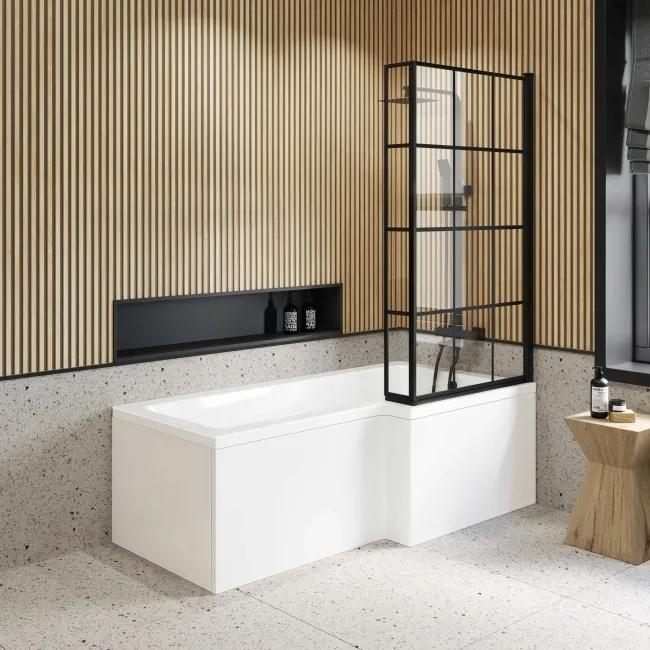 L Shaped 1700 Shower Bath & 6mm Easy Clean Matt Black Grid Bath Screen - Right Handed