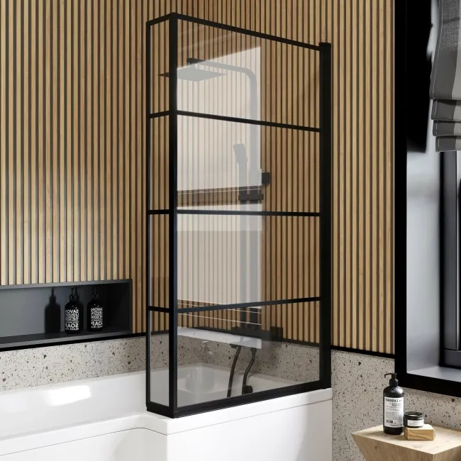 L Shaped 1700 Shower Bath & 6mm Easy Clean Matt Black Grid Bath Screen - Right Handed