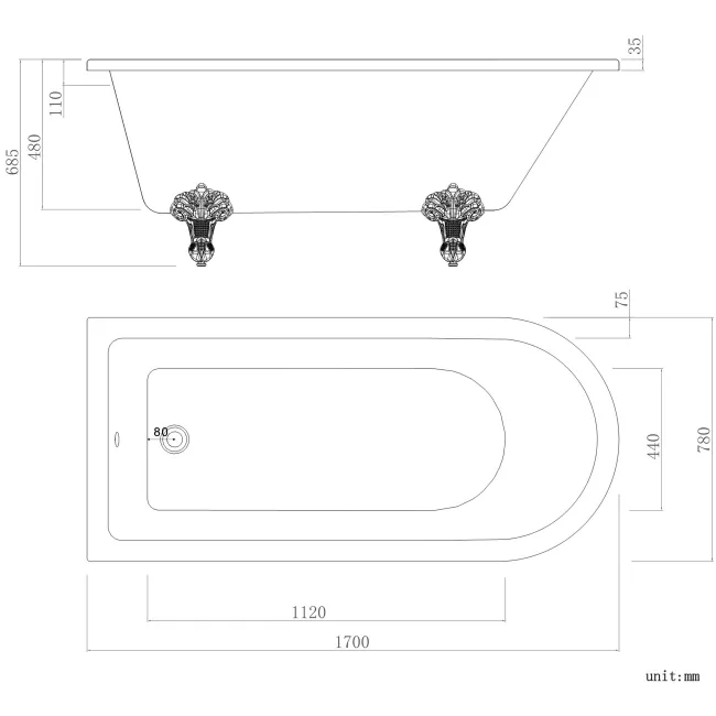 Abingdon 1700 Roll Top Shower Bath - White Ball Feet & 6mm Easy Clean Brushed Brass Framed Screen