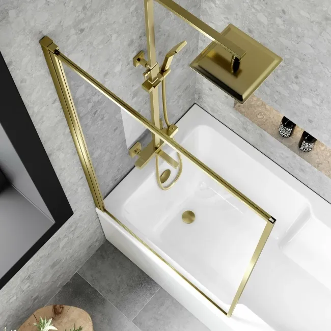 Dover 1600x750 Keyhole Shower Bath & 6mm Easy Clean Brushed Brass Framed Bath Screen