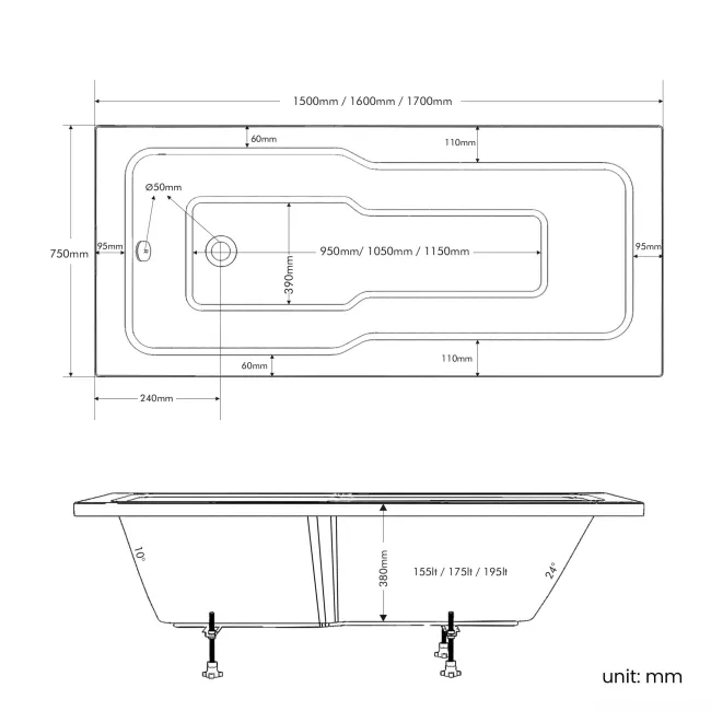 Dover 1700x750 Keyhole Shower Bath & 6mm Easy Clean Screen with Rail