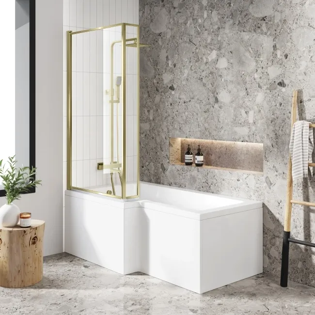 L Shaped 1600 Shower Bath & 6mm Easy Clean Brushed Brass Bath Screen - Left Handed
