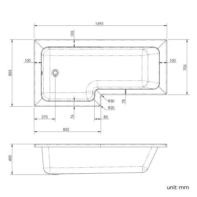 L Shaped 1700 Shower Bath & 6mm Easy Clean Brushed Brass Bath Screen - Left Handed