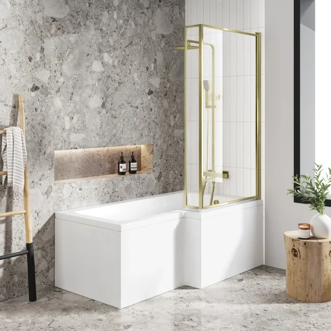 L Shaped 1500 Shower Bath with Front Panel & 6mm Easy Clean Brushed Brass Bath Screen - Right Handed