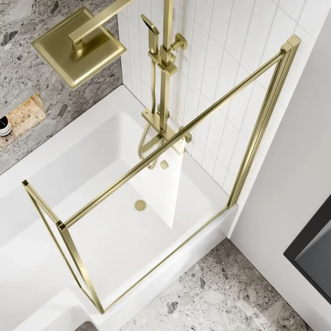 L Shaped 1500 Shower Bath with Front Panel & 6mm Easy Clean Brushed Brass Bath Screen - Right Handed