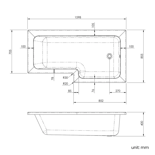 L Shaped 1600 Shower Bath with Front Panel & 6mm Easy Clean Brushed Brass Bath Screen - Right Handed