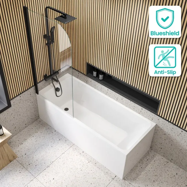 Witney 1700x700 Square Shower Bath & 6mm Easy Clean Matt Black Bath Screen