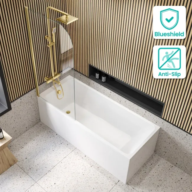 Witney 1700x700 Square Shower Bath & 6mm Easy Clean Brushed Brass Bath Screen