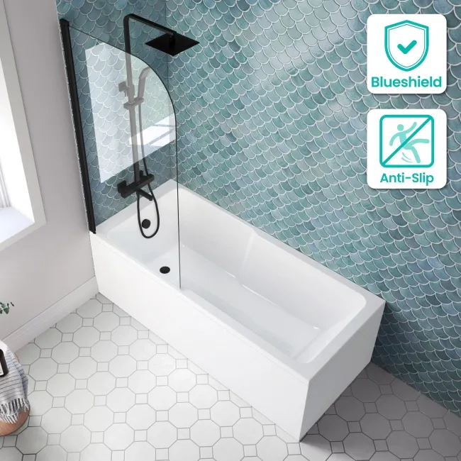 Antigua 1700x750 Keyhole Shower Bath & 6mm Easy Clean Matt Black Bath Screen