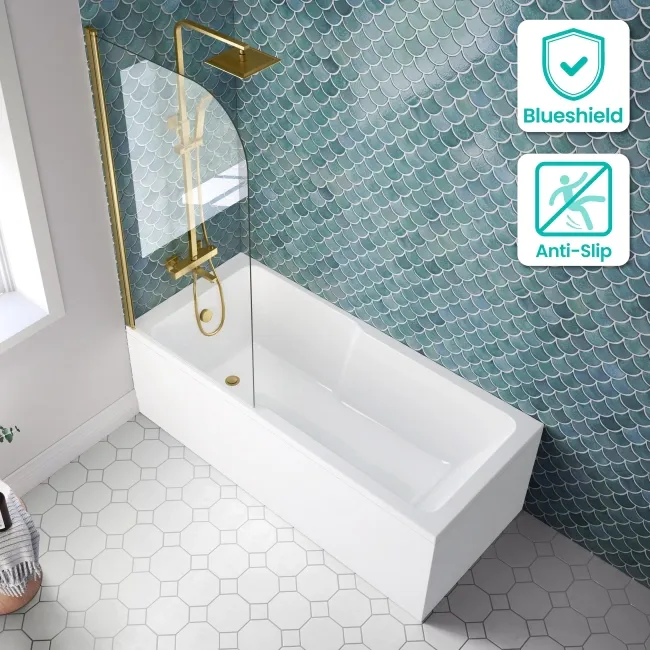 Antigua 1700x750 Keyhole Shower Bath & 6mm Easy Clean Brushed Brass Bath Screen