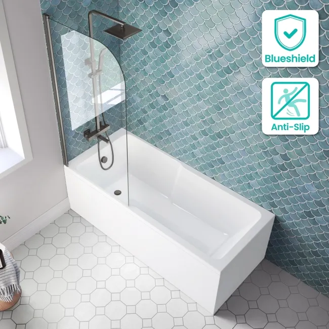Antigua 1700x750 Keyhole Shower Bath & 6mm Easy Clean Brushed Gunmetal Bath Screen
