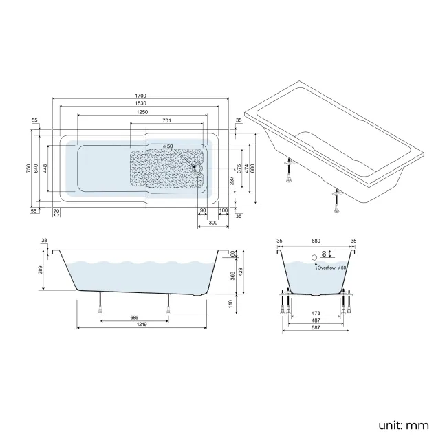 Antigua 1700x750 Keyhole Shower Bath & 6mm Easy Clean Brushed Gunmetal Bath Screen