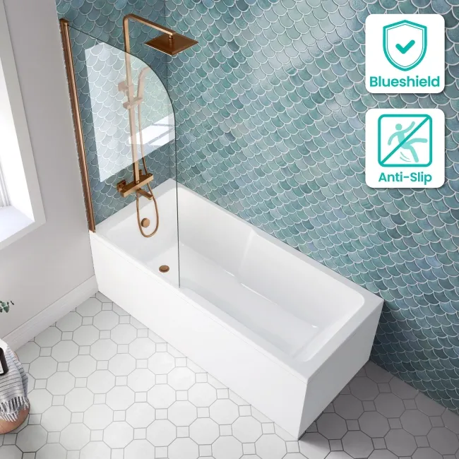 Antigua 1700x750 Keyhole Shower Bath & 6mm Easy Clean Brushed Copper Bath Screen