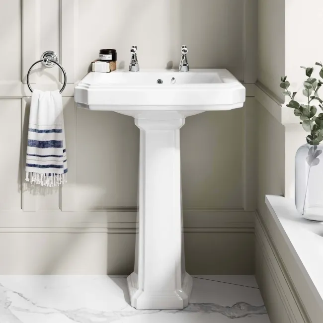 Hudson Traditional High-Level Toilet With Dove Grey Seat & Pedestal Basin - Double Tap Hole
