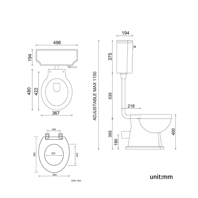 Hudson Traditional Toilet With Low-Level Cistern and Inky Blue Wooden Seat