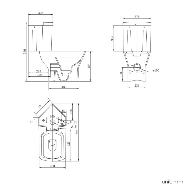 Atlanta Rimless Close Coupled Corner Toilet With Soft Close Seat