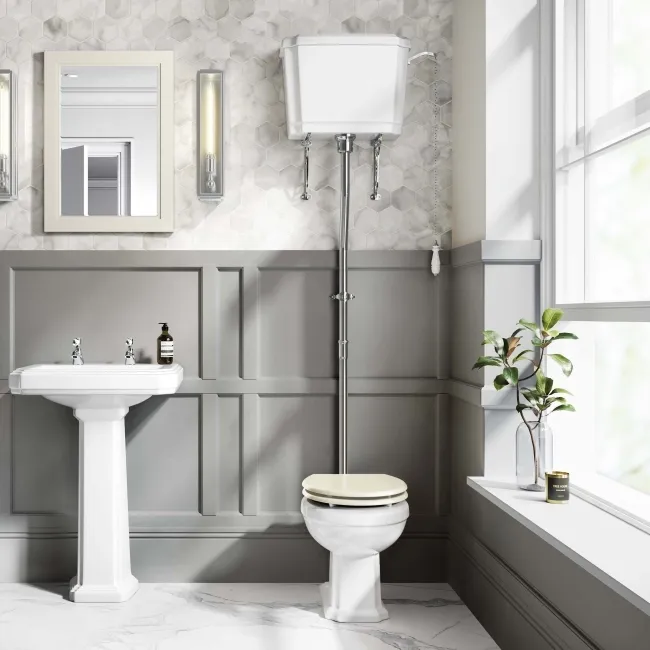 Hudson Traditional High-Level Toilet With Chalk White Seat & Pedestal Basin - Double Tap Hole