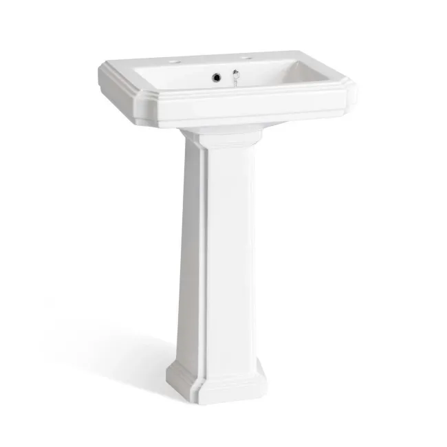 Hudson Traditional High-Level Toilet With Chalk White Seat & Pedestal Basin - Double Tap Hole