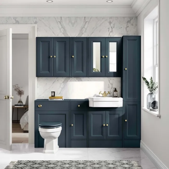 Monaco Inky Blue Floor Standing Tall Cabinet Unit 1900x300mm - Brushed Brass Accents