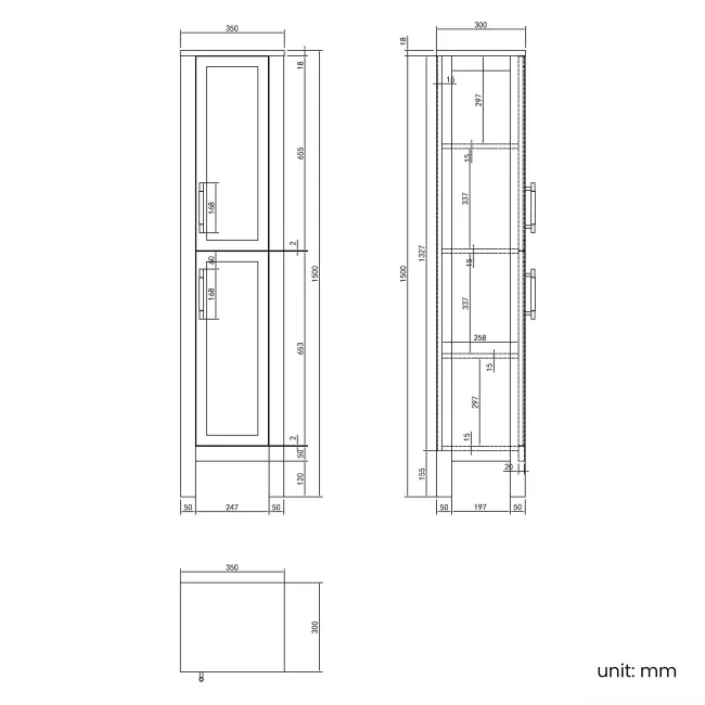 Bermuda Chalk White Floor Standing Tall Cabinet 1500x350mm - Brass Knurled Handles
