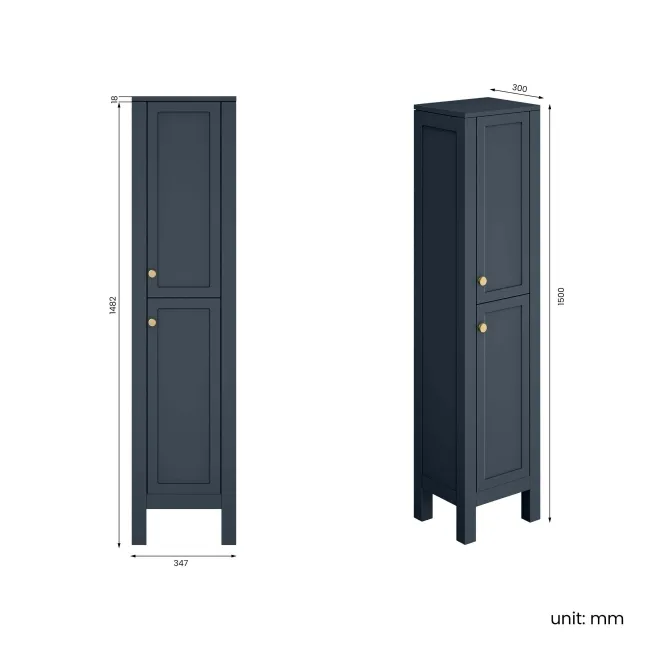 Bermuda Inky Blue Floor Standing Tall Cabinet 1500x350mm - Brushed Brass Accents