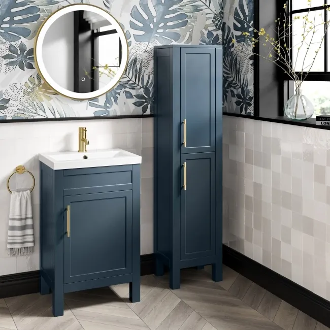Bermuda Inky Blue Floor Standing Tall Cabinet 1500x350mm - Brass Knurled Handles