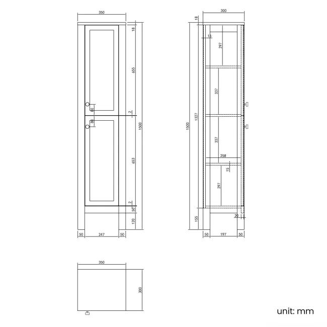 Bermuda Midnight Green Floor Standing Tall Cabinet 1500x350mm - Brushed Brass Accents