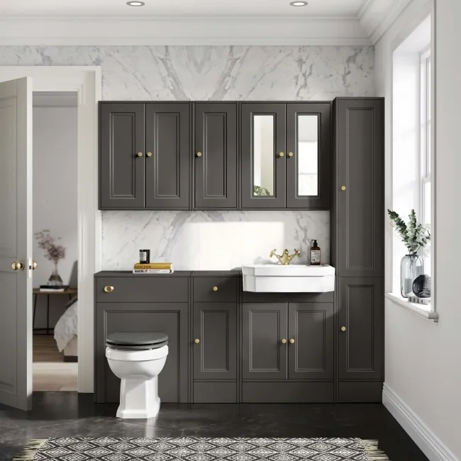 Graphite Grey Wall Hung Cabinet 700x300mm - Brushed Brass Accents