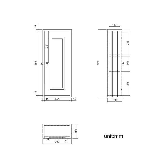 Inky Blue Wall Hung Cabinet 700x300mm - Brushed Brass Accents