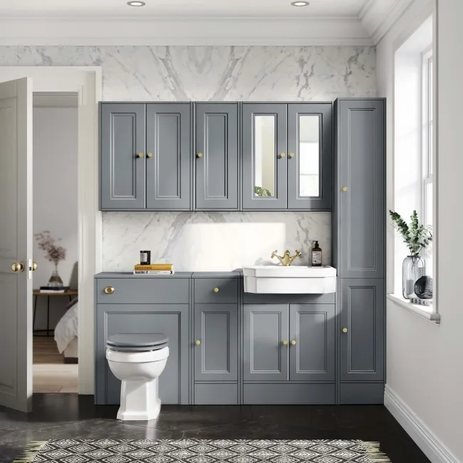 Dove Grey Wall Hung Mirror Cabinet 700x600mm - Brushed Brass Accents