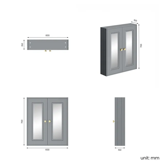 Dove Grey Wall Hung Mirror Cabinet 700x600mm - Brushed Brass Accents