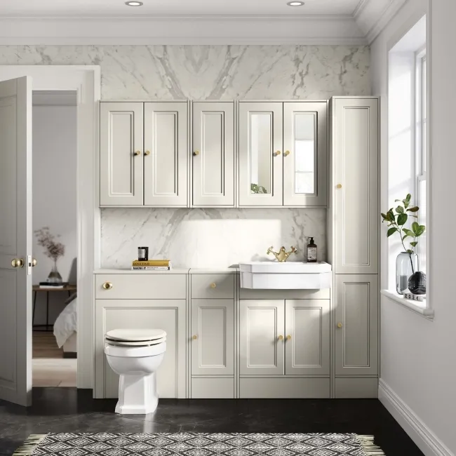 Chalk White Wall Hung Mirror Cabinet 700x600mm - Brushed Brass Accents