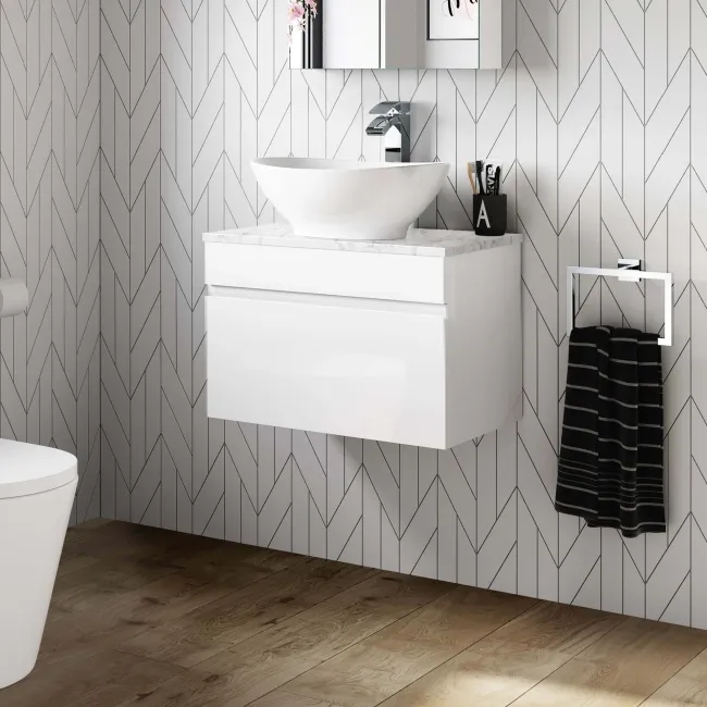 Trent Gloss White Wall Hung Drawer Vanity with Marble Top & Oval Counter Top Basin 600mm