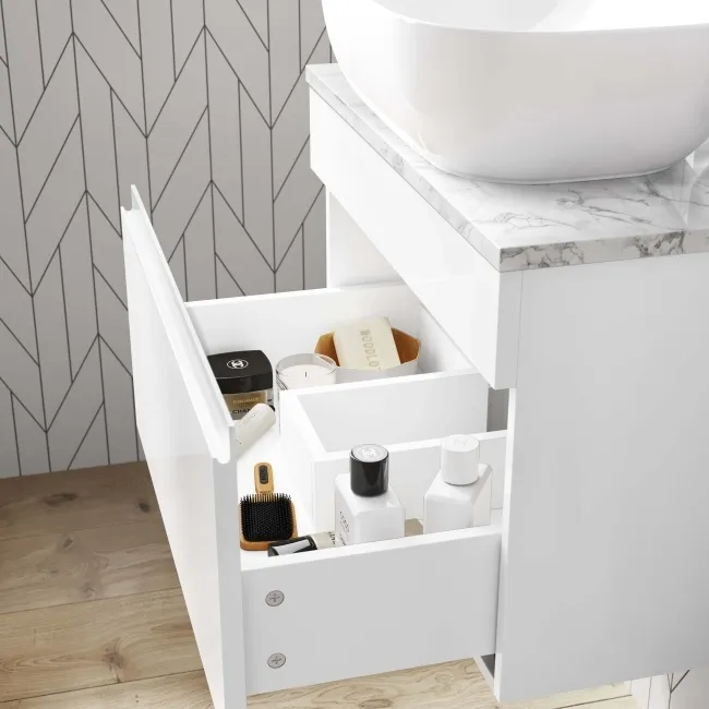 Trent Gloss White Wall Hung Drawer with Marble Top 600mm - Excludes Counter Top Basin