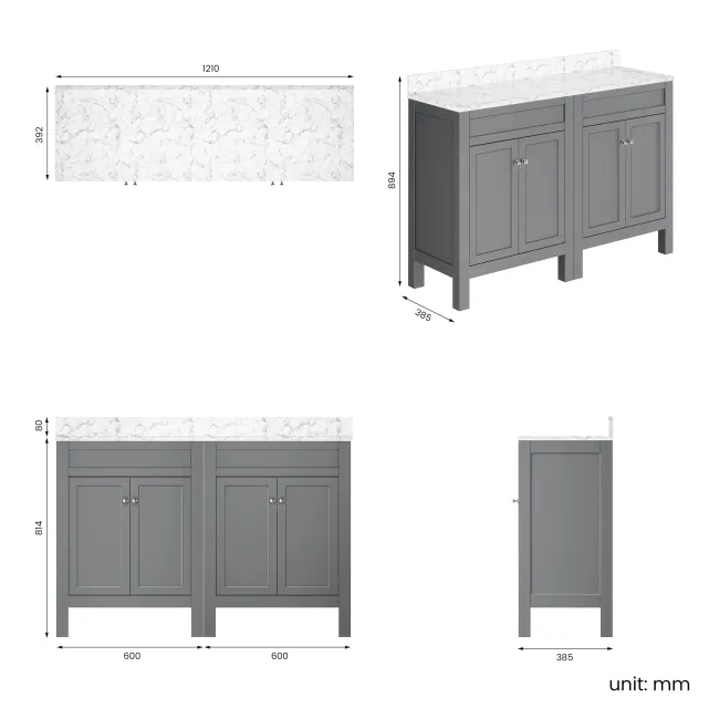 Bermuda Dove Grey Cabinet with Marble Top 1200mm - Excludes Counter Top Basins
