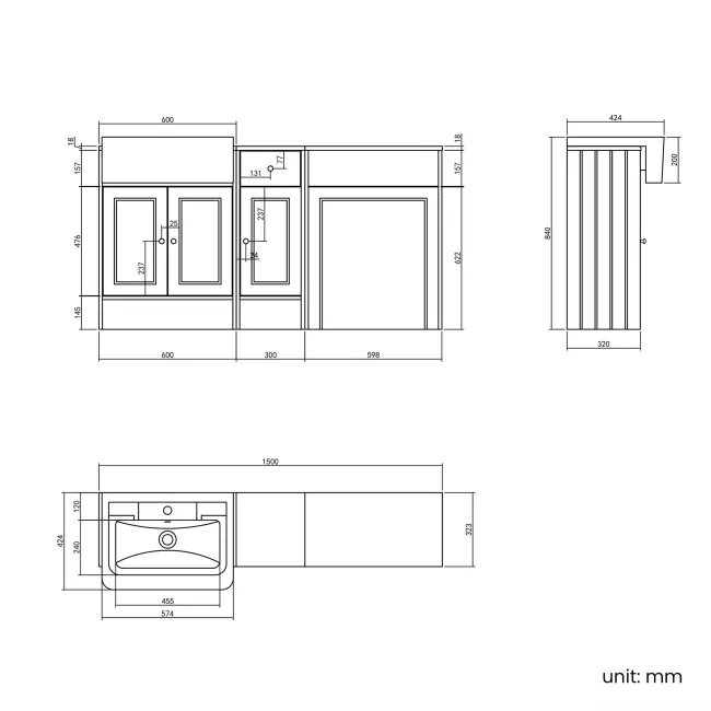 Monaco Chalk White Combination Vanity Traditional Basin 1500mm (Excludes Pan & Cistern)