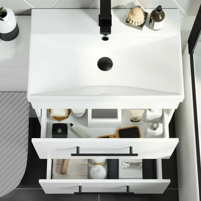 Avon Gloss White Basin Drawer Vanity and Back To Wall Toilet Unit 1100mm (Excludes Toilet) - Black Accents