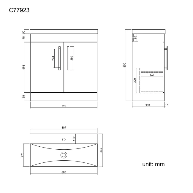 Avon Stone Grey Basin Vanity 800mm - Black Accents