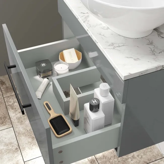 Avon Stone Grey Wall Hung Drawer Vanity with Marble Top & Oval Counter Top Basin 600mm - Black Accents