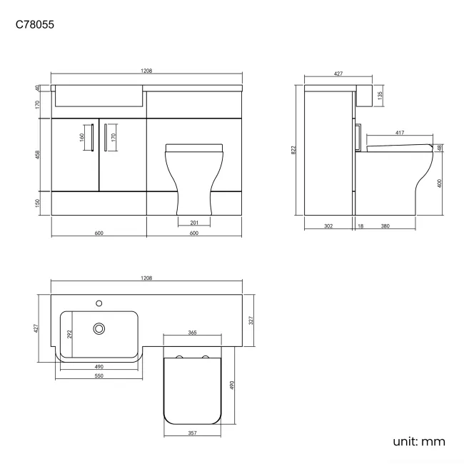 Harper Gloss White Combination Vanity Basin and Atlanta Toilet 1200mm - Black Accents - Left Handed